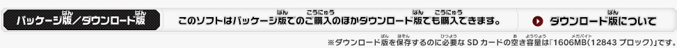 パッケージ版／ダウンロード版 このソフトはパッケージ版でのご購入のほかダウンロード版でも購入できます。 ダウンロード版について ※ダウンロード版を保存するのに必要なSDカードの空き容量は『1606MB（12843ブロック）」です。