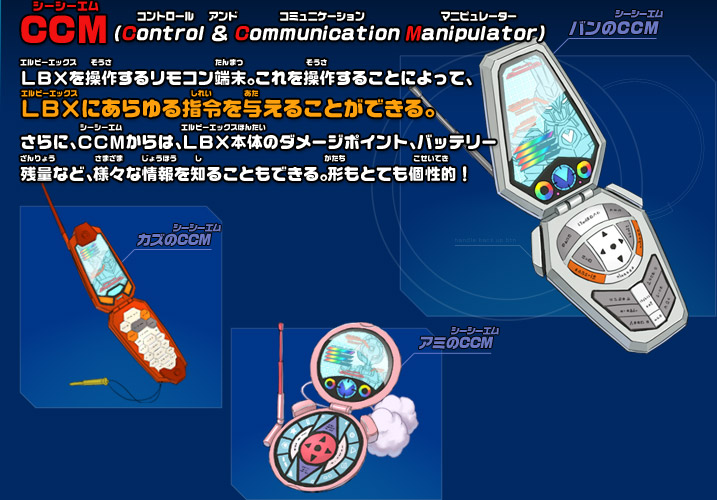 CCM （Control ＆ Communication Manipulator）LBXを操作するリモコン端末。これを操作することによって、 LBXにあらゆる指令を与えることができる。 さらに、ＣＣＭからは、LBX本体のダメージポイント、バッテリー残量など、様々な情報を知ることもできる。形もとても個性的！ 