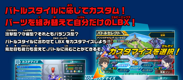 バトルスタイルに応じてカスタム！ パーツを組み替えて自分だけのLBX！攻撃型？守備型？それともバランス型？ バトルスタイルに合わせてLBXをカスタマイズしよう!! 見た目も能力も変えて、バトルに挑むことができるぞ。