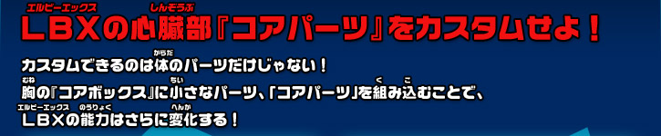 LBXの心臓部『コアパーツ』をカスタムせよ！カスタムできるのは体のパーツだけじゃない！ 胸の『コアボックス』に小さなパーツ、「コアパーツ」を組み込むことで、 LBXの能力はさらに変化する！