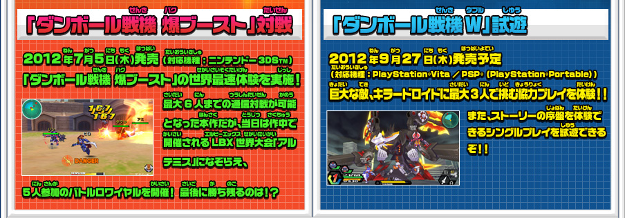 「ダンボール戦機 爆ブースト」対戦 2012年7月5日（木）発売 （対応機種：ニンテンドー3DSTM）「ダンボール戦機 爆ブースト」の世界最速体験を実施！最大6人までの通信対戦が可能となった本作だが、当日は作中で開催されるLBX世界大会「アルテミス」になぞらえ、5人参加のバトルロワイヤルを開催！ 最後に勝ち残るのは！？ 「ダンボール戦機W」試遊 2012年9月27日（木）発売予定 （対応機種：PlayStation®Vita／PSP® (PlayStation®Portable)）巨大な敵、キラードロイドに最大3人で挑む協力プレイを体験！！また、ストーリーの序盤を体験できるシングルプレイを試遊できるぞ！！