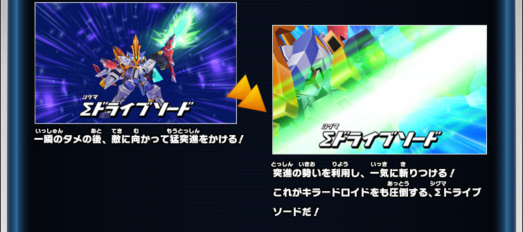 一瞬のタメの後、敵に向かって猛突進をかける！突進の勢いを利用し、一気に斬りつける！これがキラードロイドをも圧倒する、Σドライブソードだ！