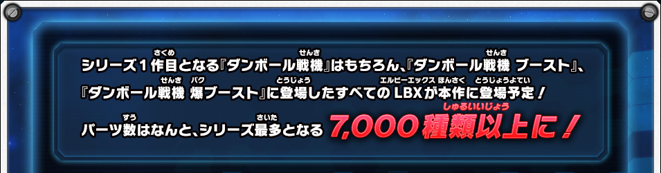シリーズ１作目となる『ダンボール戦機』はもちろん、『ダンボール戦機 ブースト』、『ダンボール戦機 爆ブースト』に登場したすべてのLBXが本作に登場予定！パーツ数はなんと、シリーズ最多となる7,000種類以上に！