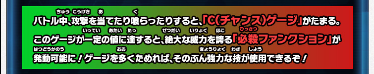 バトル中、攻撃を当てたり喰らったりすると、「C（チャンス）ゲージ」がたまる。このゲージが一定の値に達すると、絶大な威力を誇る「必殺ファンクション」が発動可能に！ゲージを多くためれば、そのぶん強力な技が使用できるぞ！