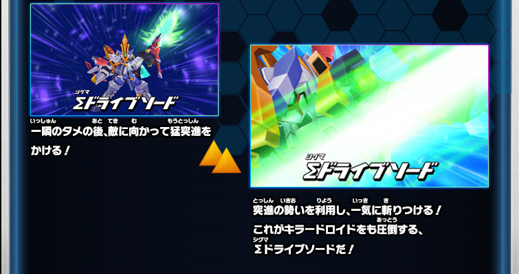 一瞬のタメの後、敵に向かって猛突進をかける！ 突進の勢いを利用し、一気に斬りつける！これがキラードロイドをも圧倒する、Σドライブソードだ！
