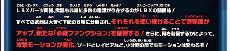 ＬＢＸパーツ同様、武器も非常に多数の種類が存在するのがＬＢＸの醍醐味！すべての武器は大きく下記の８種に分類され、それぞれを使い続けることで習熟度がアップ、新たな「必殺ファンクション」を習得する！さらに、何を装備するかによって、攻撃モーションが変化。ソードとレイピアなど、小分類の間でもモーションは変わるぞ！