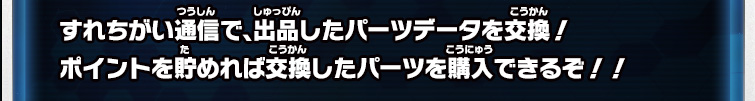 すれちがい通信で、出品したパーツデータを交換！ポイントを貯めれば交換したパーツを購入できるぞ！！