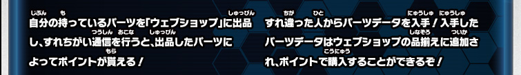 自分の持っているパーツを「ウェブショップ」に出品し、すれちがい通信を行うと、出品したパーツによってポイントが貰える！ すれ違った人からパーツデータを入手！入手したパーツデータはウェブショップの品揃えに追加され、ポイントで購入することができるぞ！