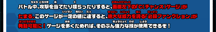 バトル中、攻撃を当てたり喰らったりすると、画面左下の「C（チャンス）ゲージ」がたまる。このゲージが一定の値に達すると、絶大な威力を誇る「必殺ファンクション」が発動可能に！ゲージを多くためれば、そのぶん強力な技が使用できるぞ！