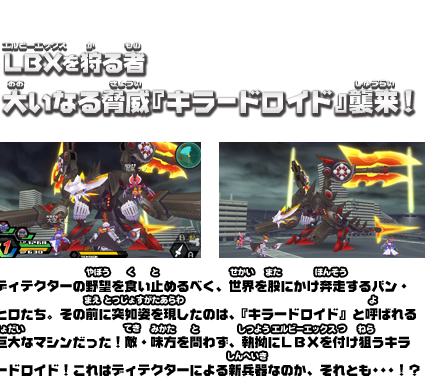 LBXよりも遥かに巨大なキラードロイド ディテクターの野望を食い止めるべく、世界を股にかけ奔走するバン・ヒロたち。その前に突如姿を現したのは、『キラードロイド』と呼ばれる巨大なマシンだった！敵・味方問わず、執拗にLBXを付け狙うキラードロイド！これはディテクターによる新平気なのか、それとも…！？