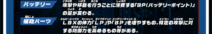 バッテリー：攻撃や移動を行うごとに消費する「BP（バッテリーポイント）」の量が変わる。 補助パーツLBXの体力「LP（ライフポイント）」や「BP（バッテリーポイント）」を増やすもの、特定の攻撃に対する防御力を高めるもの等がある。