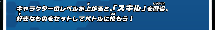 キャラクターのレベルが上がると、「スキル」を習得。好きなものをセットしてバトルに挑もう！