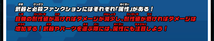 武器と必殺ファンクションにはそれぞれ「属性」がある！自機の耐性値が高ければダメージが減少し、耐性値が低ければダメージは増加する！武器やパーツを選ぶ際には、属性にも注目しよう！