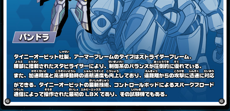 タイニーオービット社製。アーマーフレームのタイプはストライダーフレーム。腰部に搭載されたスタビライザーにより、制御系のバランスが圧倒的に優れている。また、加速精度と高速移動時の巡航速度も向上しており、遠距離からの攻撃に迅速に対応ができる。タイニーオービットの最新技術、コントロールポッドによるスパークブロード通信によって操作された最初のLBXであり、その試験機でもある。