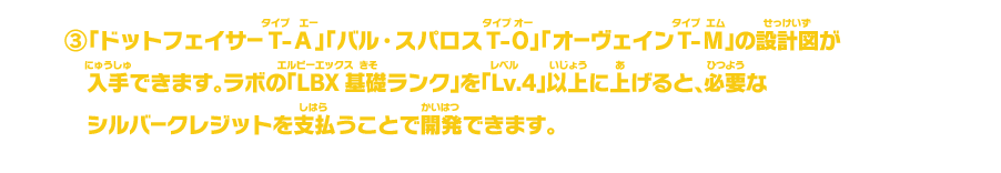 ③「ドットフェイサーT-A」「バル・スパロスT-O」「オーヴェインT-M」の設計図が入手できます。ラボの「LBX基礎ランク」を「Lv.4」以上に上げると、必要なシルバークレジットを支払うことで開発できます。