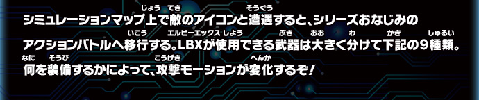 シミュレーションマップ上で敵のアイコンと遭遇すると、シリーズおなじみのアクションバトルへ移行する。LBXが使用できる武器は大きく分けて下記の9種類。何を装備するかによって、攻撃モーションが変化するぞ！