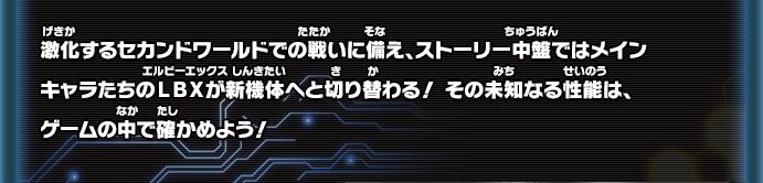 激化するセカンドワールドでの戦いに備え、ストーリー中盤ではメインキャラである出雲ハルキと星原ヒカルのLBXが新機体へと切り替わる！その未知なる性能は、ゲームの中で確かめよう！