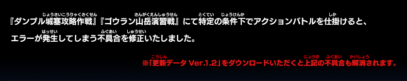 『ダンブル城塞攻略作戦』『ゴウラン山岳演習戦』にて特定の条件下でアクションバトルを仕掛けると、エラーが発生してしまう不具合を修正いたしました。