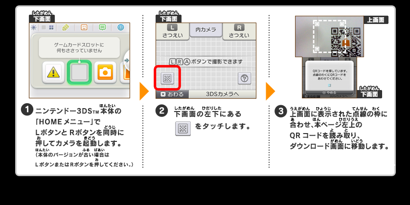 1.ニンテンドー3DS™本体の「HOMEメニュー」でLボタンとRボタンを同時に押してカメラを起動します。（本体のバージョンが古い場合はLボタンまたはRボタンを押してください。） 2.下画面の左下にある画像をタッチします。 3.上画面に表示された点線の枠に合わせ、本ページ左上のQRコードを読み取り、ダウンロード画面に移動します。 ※QRコードは（株）デンソーウェーブの登録商標です。